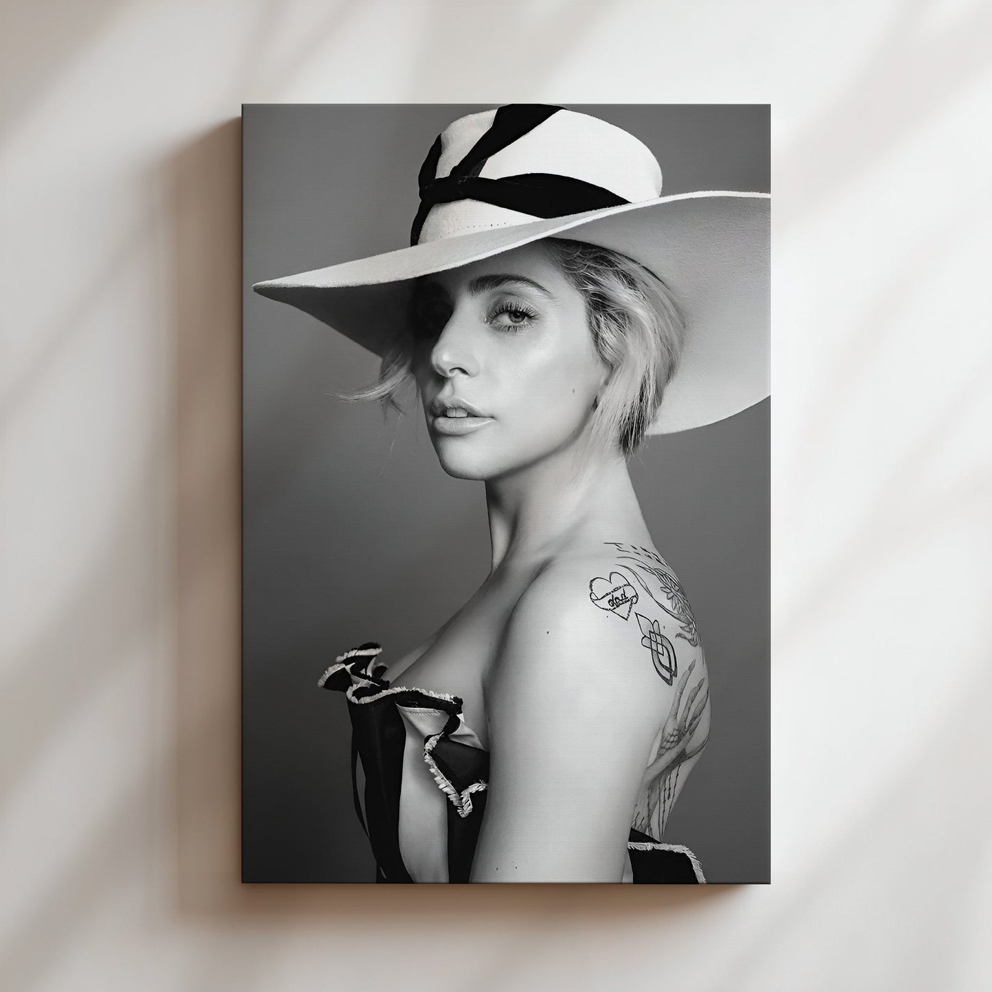 Lady Gaga Portrait Wall Art - Black and White Music Poster, Pop Icon Illustration, Monochrome Canvas Print, Stylish Decor, Celebrity Artwork