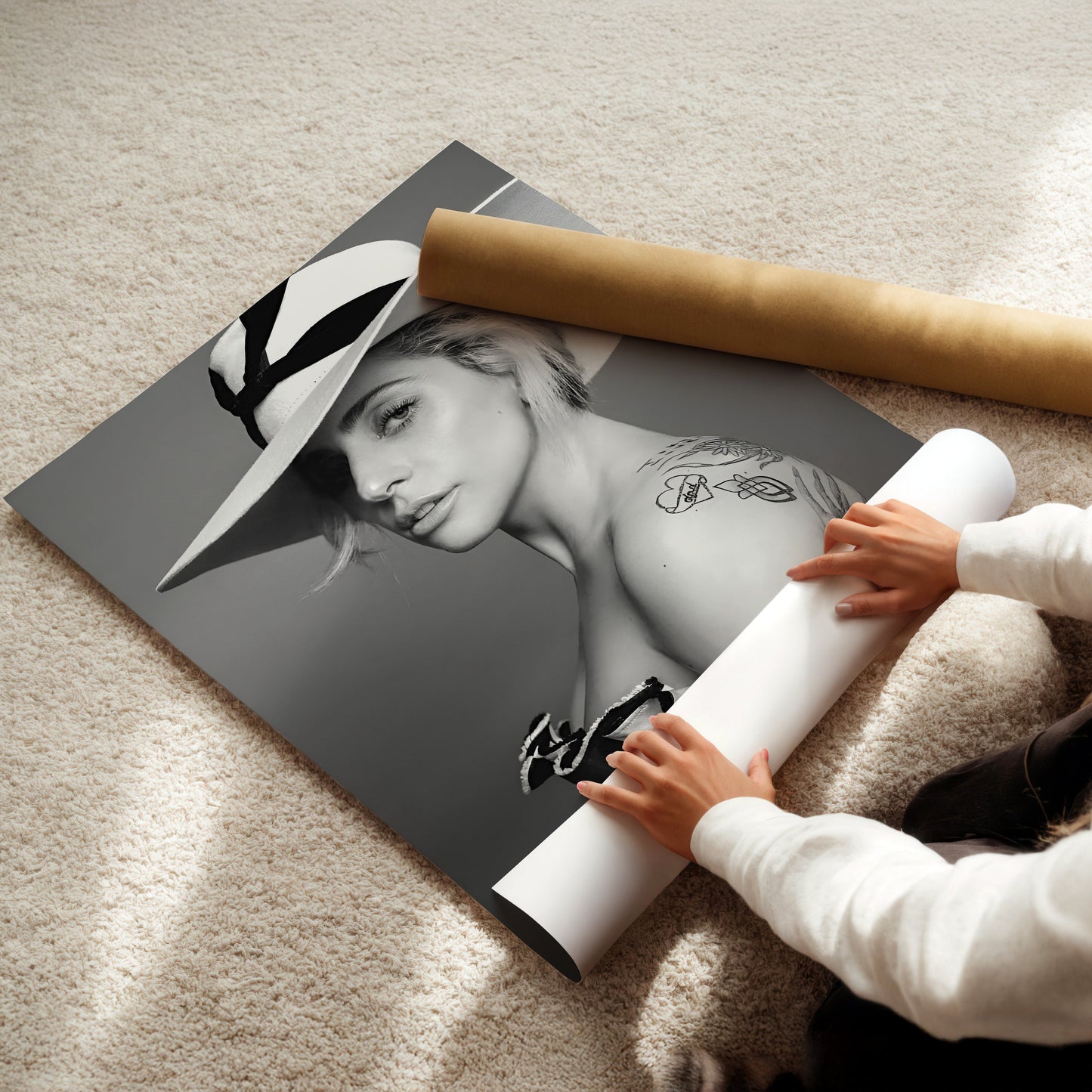 Lady Gaga Portrait Wall Art - Black and White Music Poster, Pop Icon Illustration, Monochrome Canvas Print, Stylish Decor, Celebrity Artwork