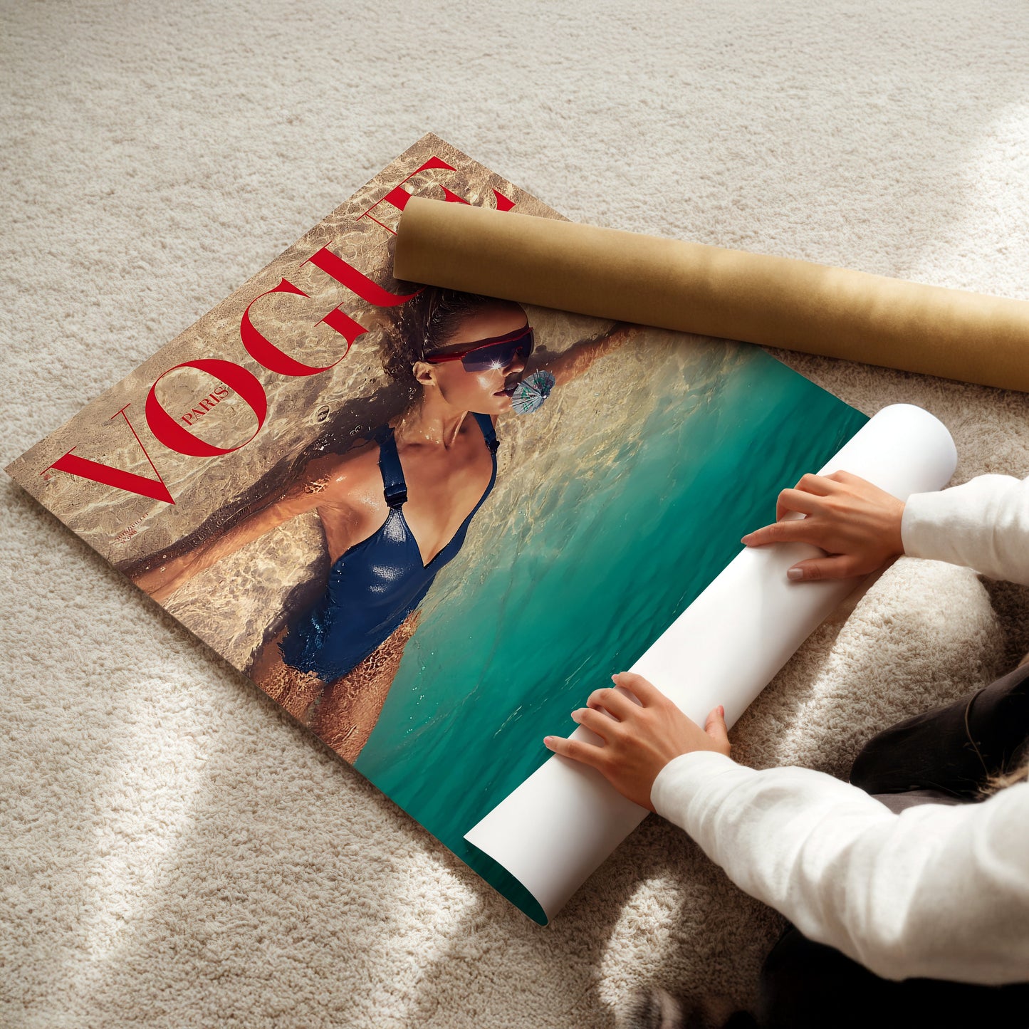 Vogue Beach Cover Poster - Underwater Fashion Photography Print, Summer Glam Editorial Wall Art for Coastal Interiors or Fashion Lovers