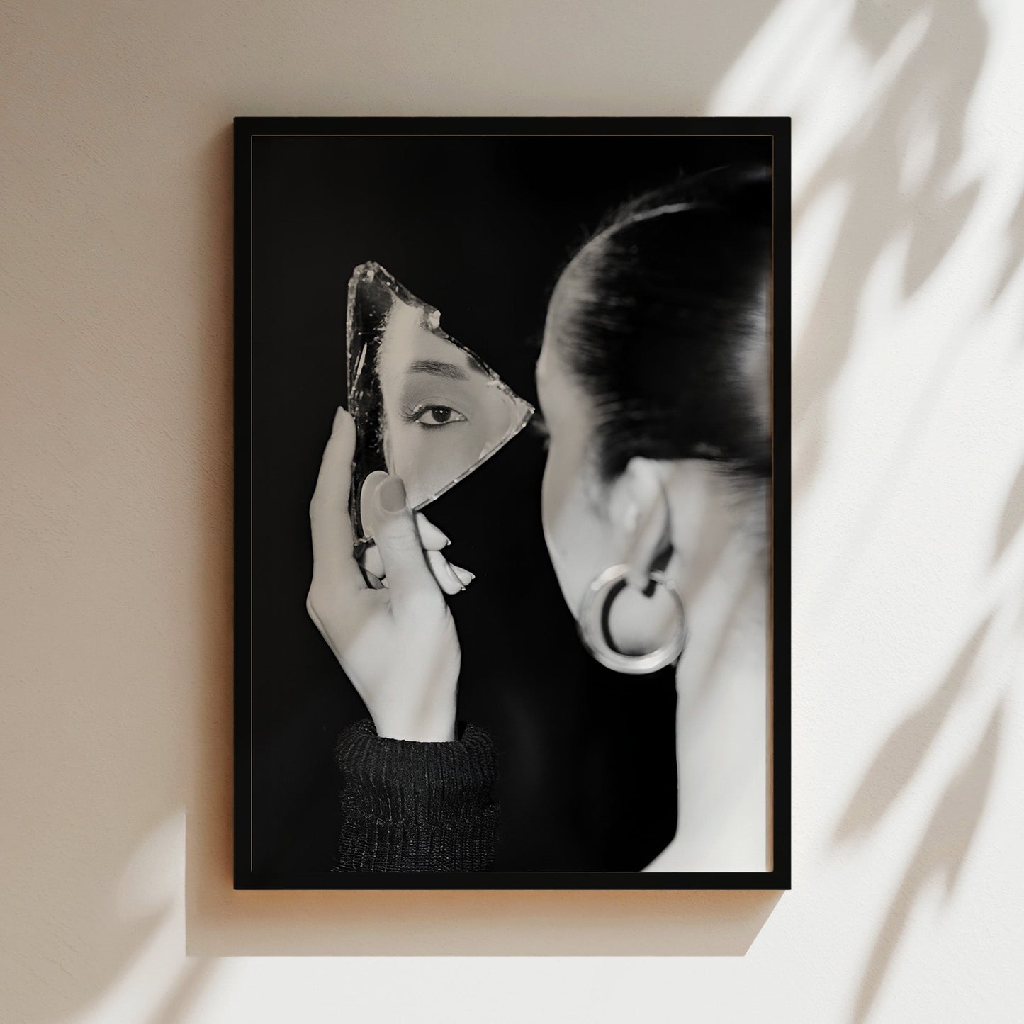 Sade Holding Jagged Mirror Wall Art - Elegant Black & White Portrait, Soulful Music Icon Print for Sophisticated Home Decor
