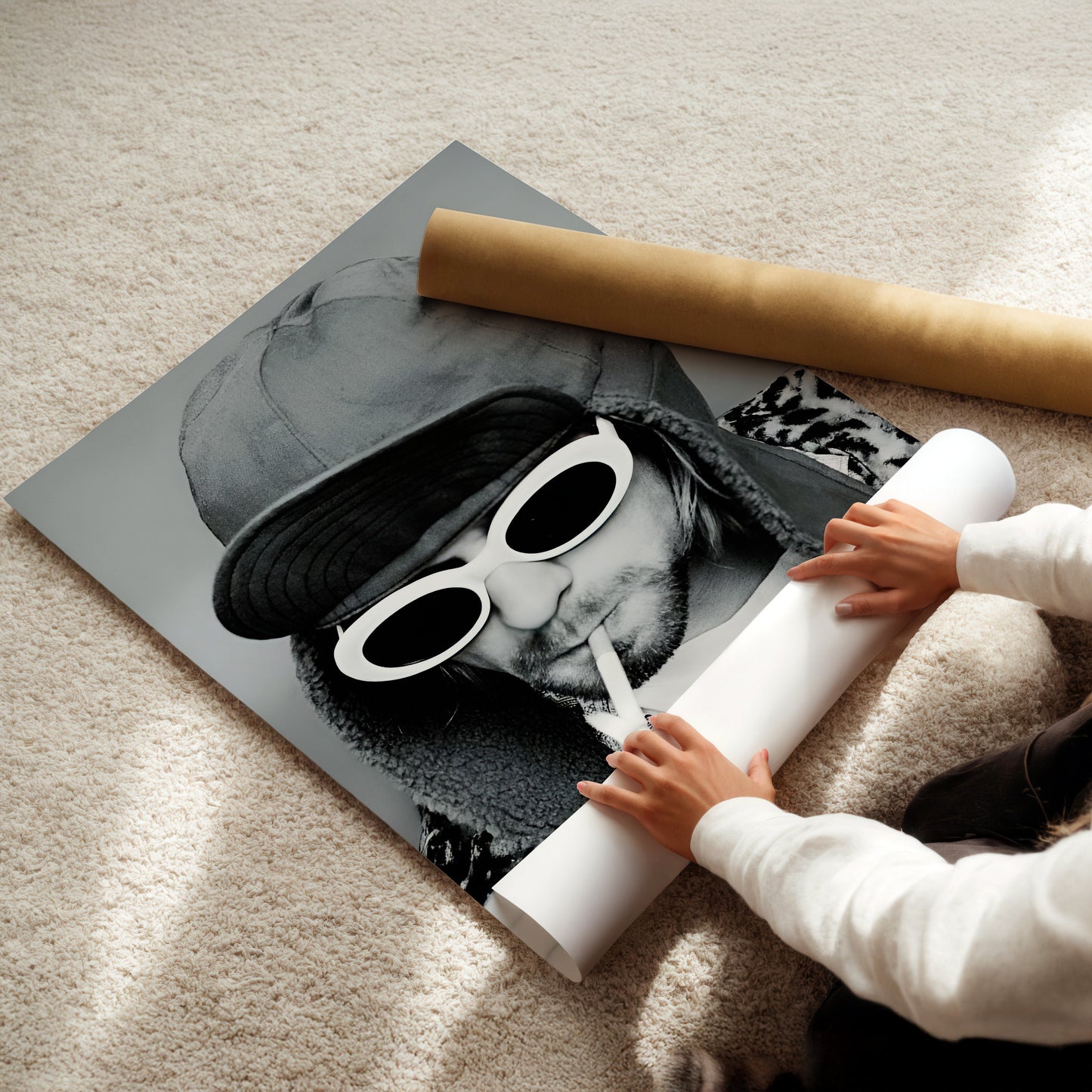 Kurt Cobain Lights Up Wall Art - Grunge Music Poster, Iconic Rock Illustration, Nirvana Canvas Print, 90s Legend Decor, Edgy Artwork