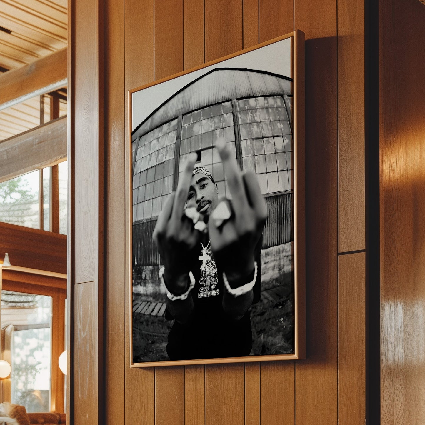 Tupac Middle Fingers Poster - Bold Black & White Rap Icon Wall Art, Defiant Hip-Hop Portrait Print for Music Rooms or Urban Street Decor