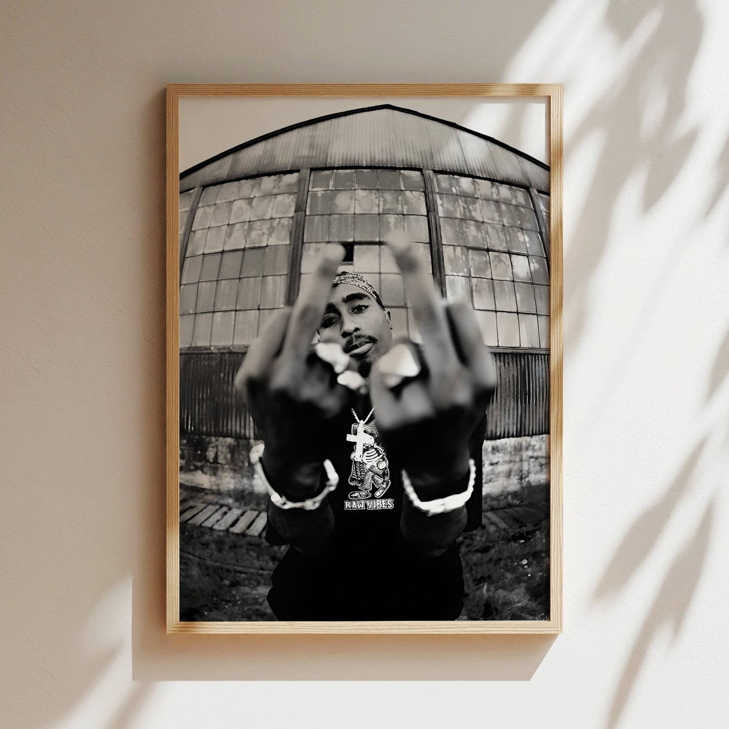 Tupac Middle Fingers Poster - Bold Black & White Rap Icon Wall Art, Defiant Hip-Hop Portrait Print for Music Rooms or Urban Street Decor