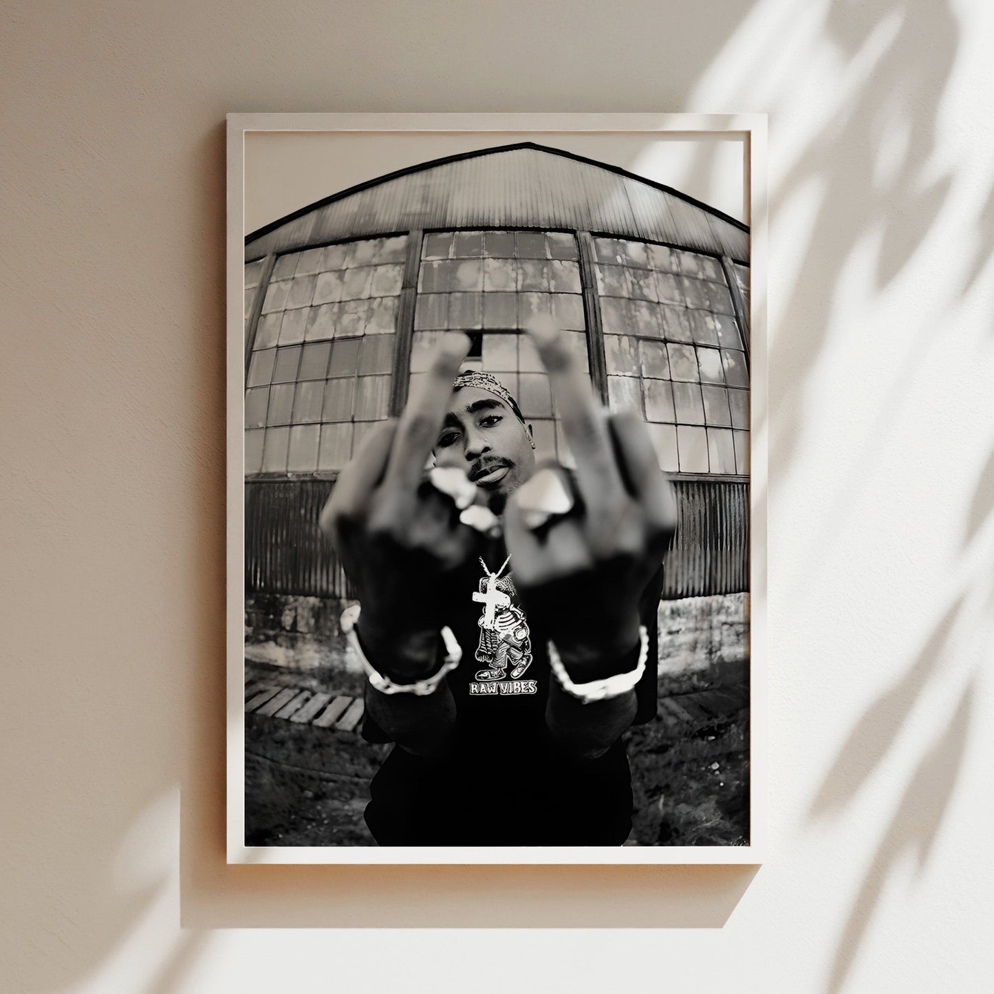 Tupac Middle Fingers Poster - Bold Black & White Rap Icon Wall Art, Defiant Hip-Hop Portrait Print for Music Rooms or Urban Street Decor
