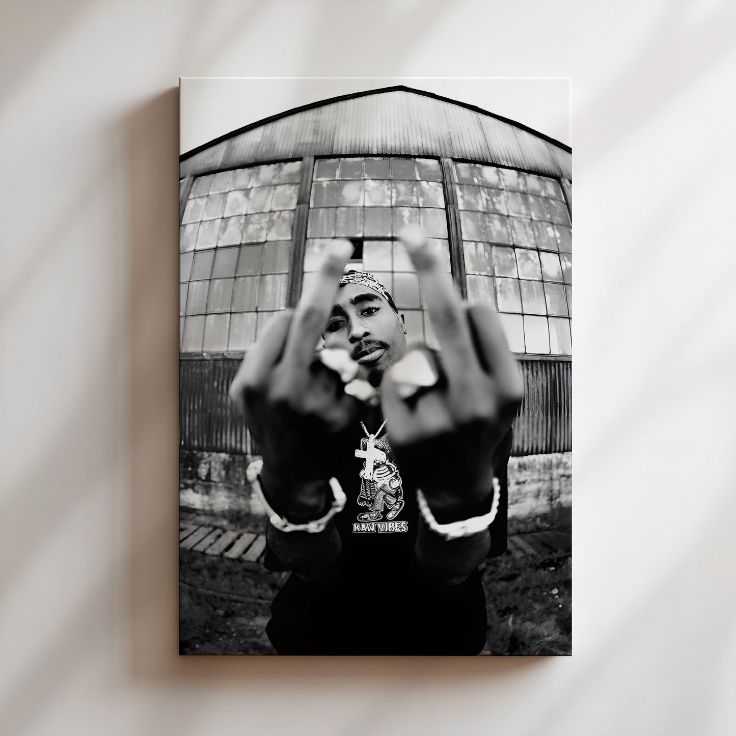Tupac Middle Fingers Poster - Bold Black & White Rap Icon Wall Art, Defiant Hip-Hop Portrait Print for Music Rooms or Urban Street Decor