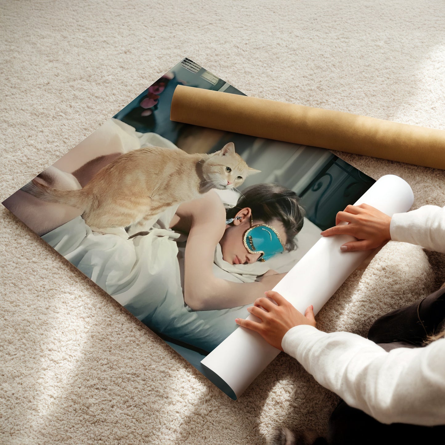 Audrey Hepburn Sleeping with Cat Wall Art Print - Vintage Hollywood Glamour Bedroom Decor - Breakfast at Tiffany's Movie Poster