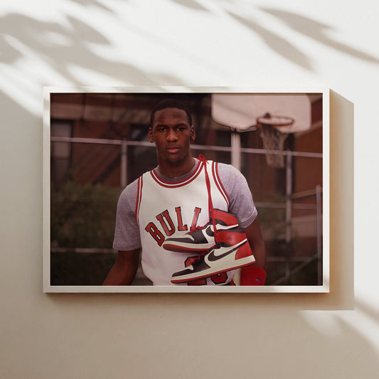 Young Michael Jordan with Air Jordan 1 Sneakers Wall Art - Basketball Legend Sports Poster - Chicago Bulls Streetwear Decor