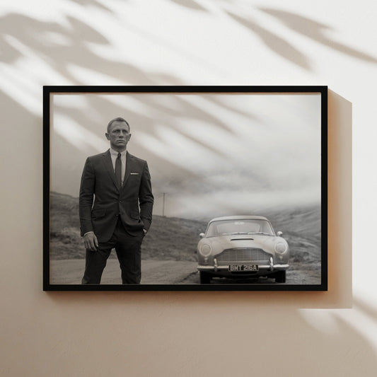 James Bond Daniel Craig with Aston Martin Wall Art Print - Stylish Black and White Spy Movie Poster - Modern Man Cave Decor