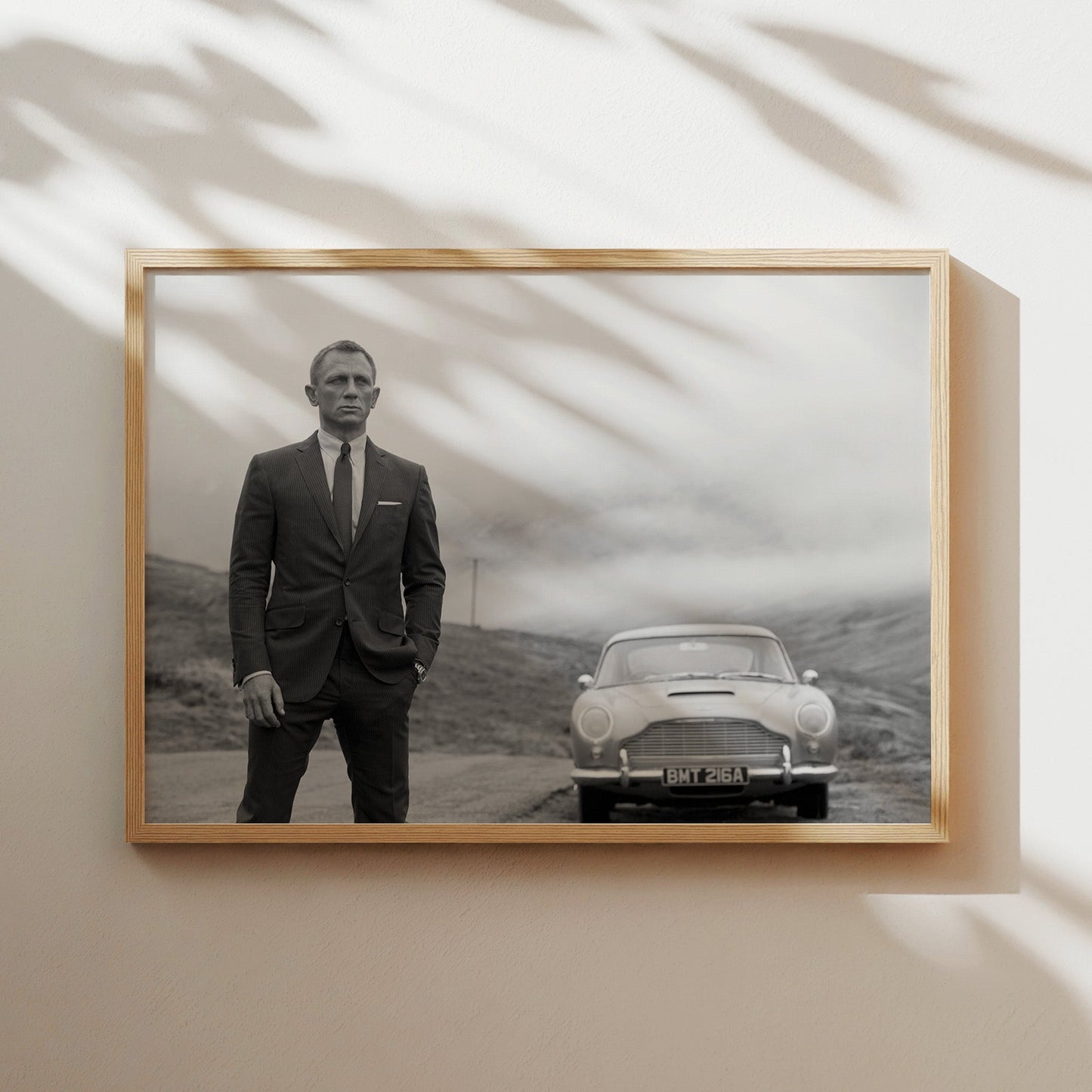 James Bond Daniel Craig with Aston Martin Wall Art Print - Stylish Black and White Spy Movie Poster - Modern Man Cave Decor