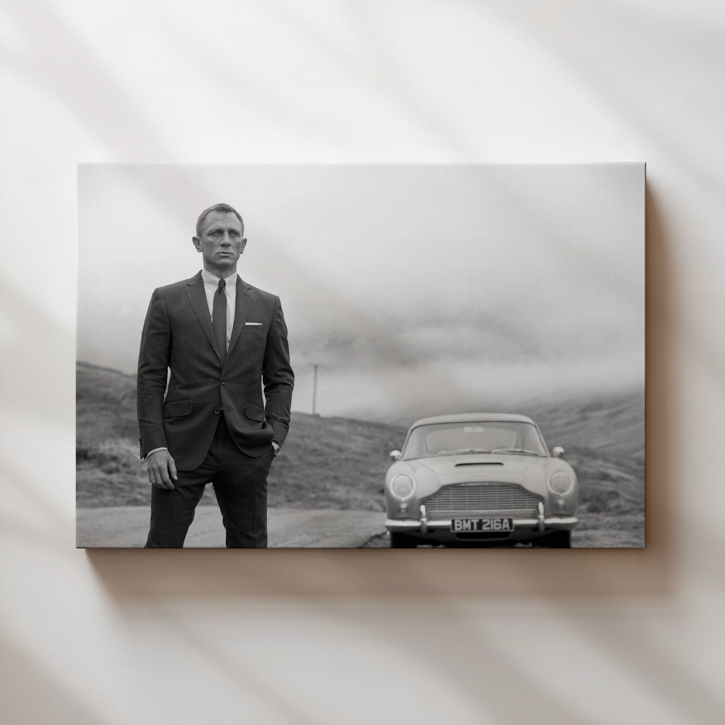 James Bond Daniel Craig with Aston Martin Wall Art Print - Stylish Black and White Spy Movie Poster - Modern Man Cave Decor