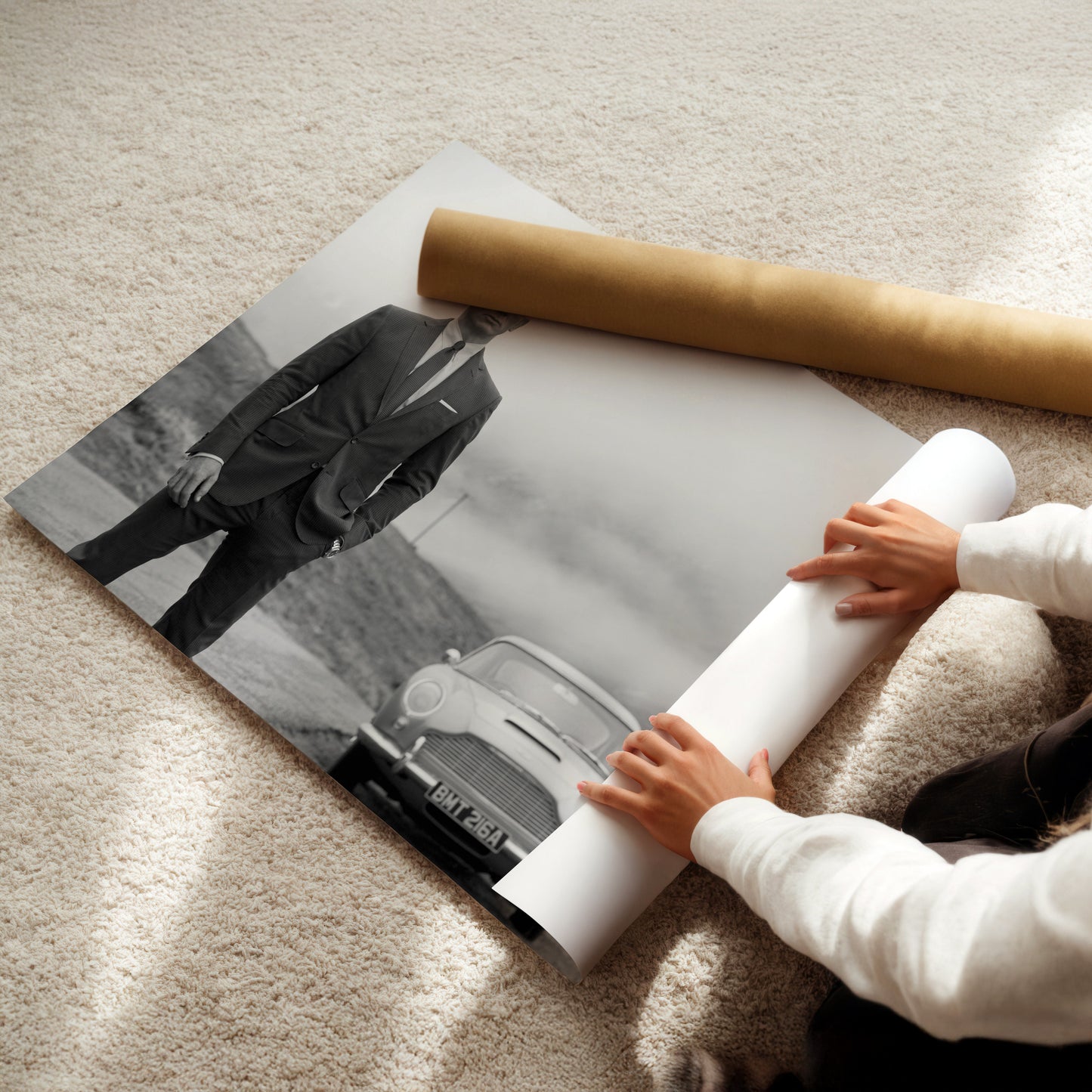 James Bond Daniel Craig with Aston Martin Wall Art Print - Stylish Black and White Spy Movie Poster - Modern Man Cave Decor