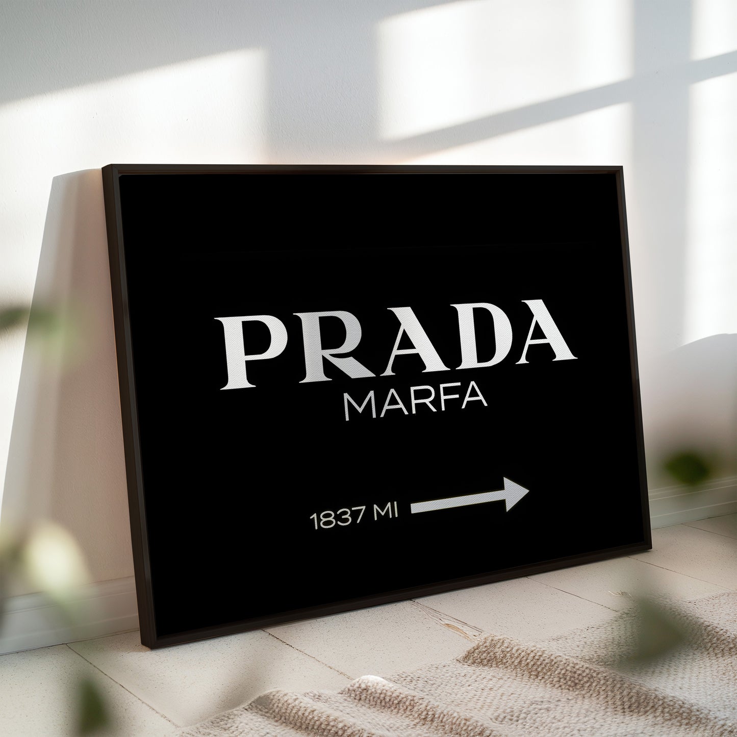 Prada Marfa Black Background Wall Art Print - Modern Luxury Fashion Poster - Bold Monochrome Wall Decor for Home or Office
