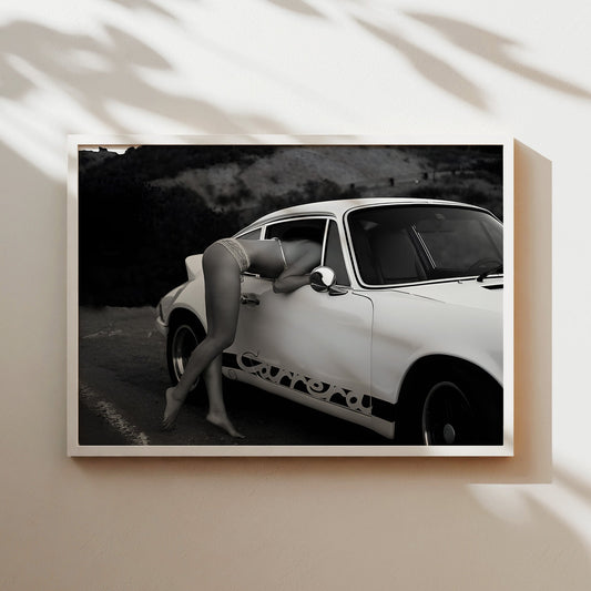 Porsche Carrera Classic Car with Model Wall Art - Sexy Black and White Vintage Automotive Poster - Retro Garage or Man Cave Decor