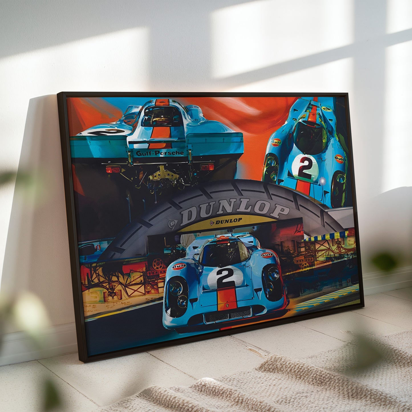 Porsche 917 at Dunlop Bridge Le Mans Wall Art - Gulf Racing Legends Poster - Vintage Motorsports Decor for Garage or Office