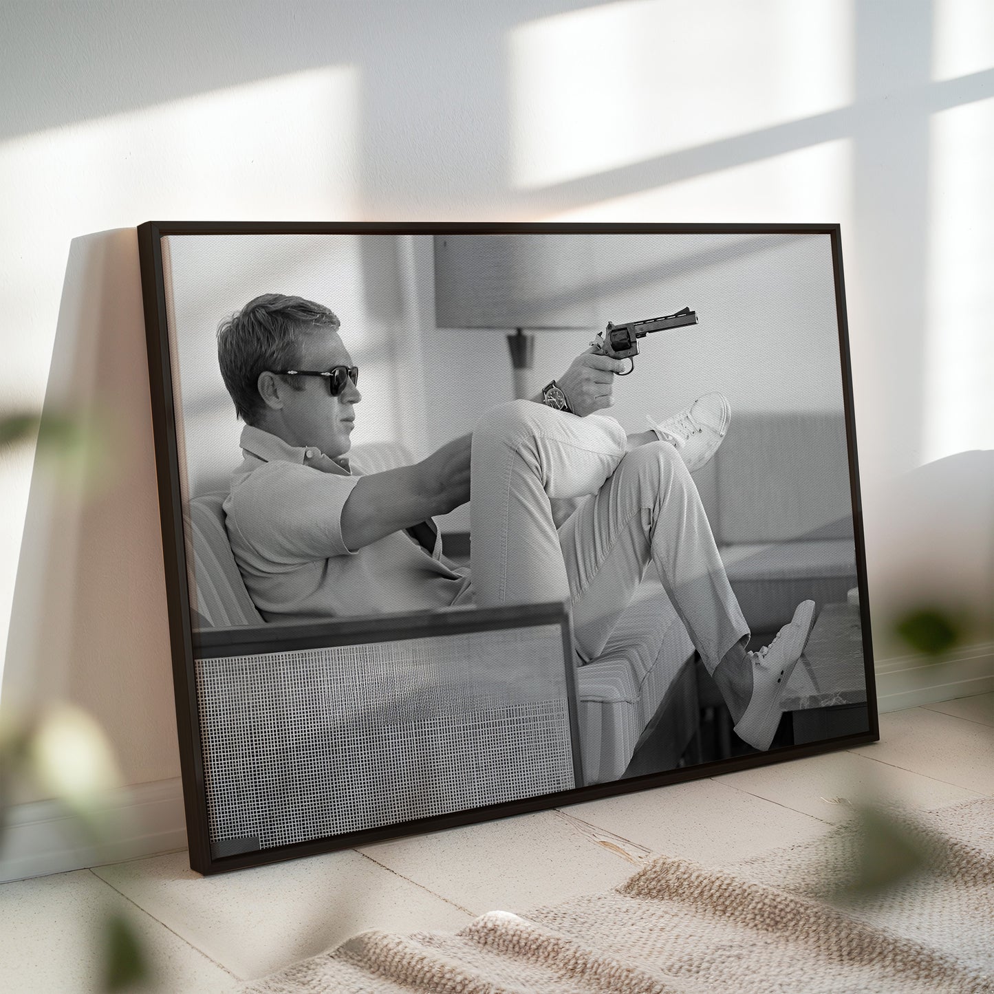 Steve McQueen Relaxing with Revolver Wall Art - Cool Vintage Black and White Photography Poster - Retro Man Cave Movie Star Decor