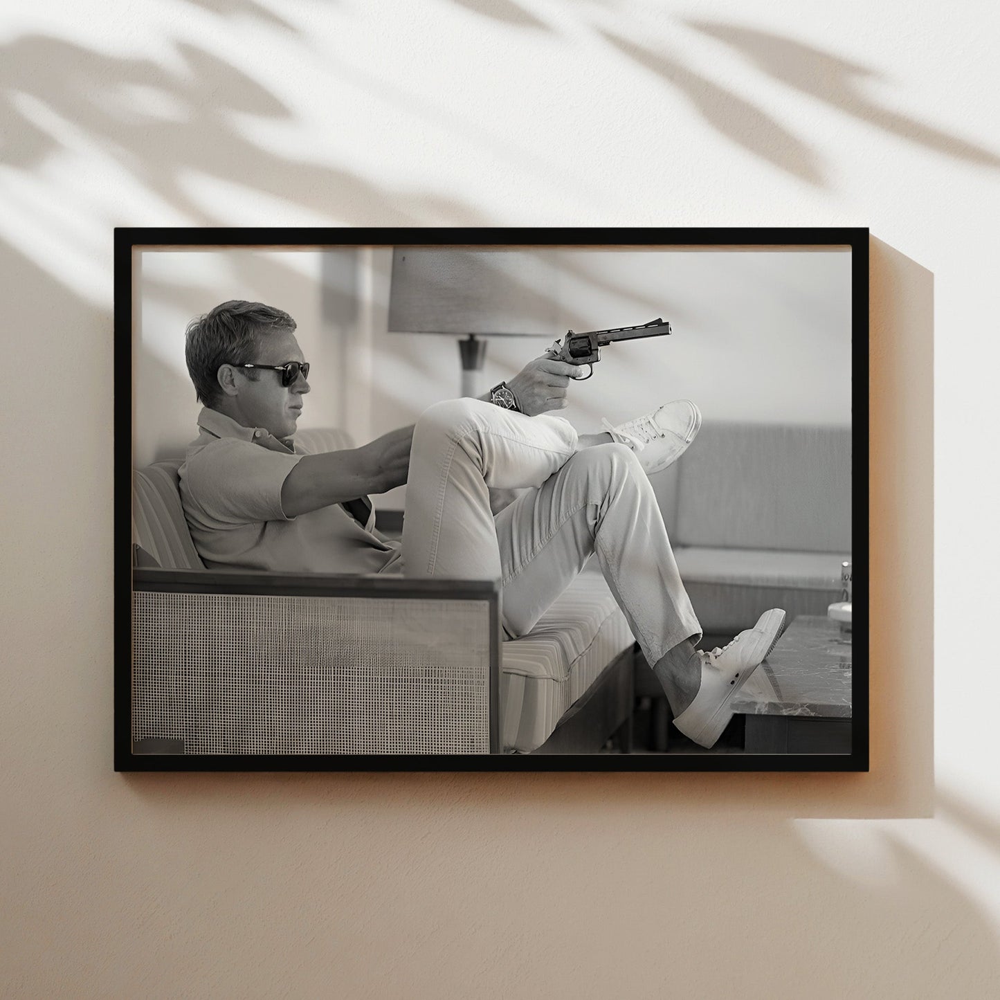 Steve McQueen Relaxing with Revolver Wall Art - Cool Vintage Black and White Photography Poster - Retro Man Cave Movie Star Decor