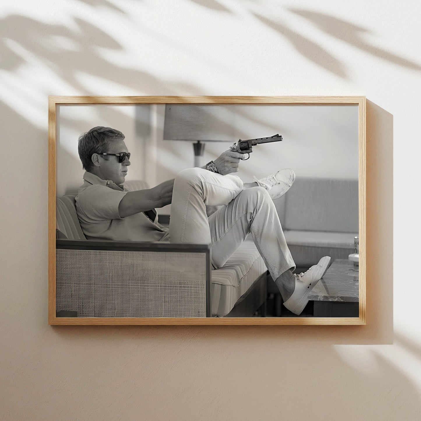 Steve McQueen Relaxing with Revolver Wall Art - Cool Vintage Black and White Photography Poster - Retro Man Cave Movie Star Decor