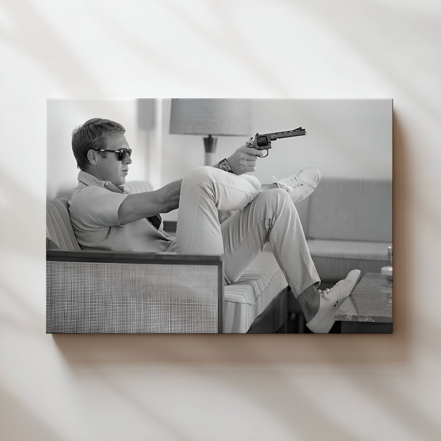Steve McQueen Relaxing with Revolver Wall Art - Cool Vintage Black and White Photography Poster - Retro Man Cave Movie Star Decor