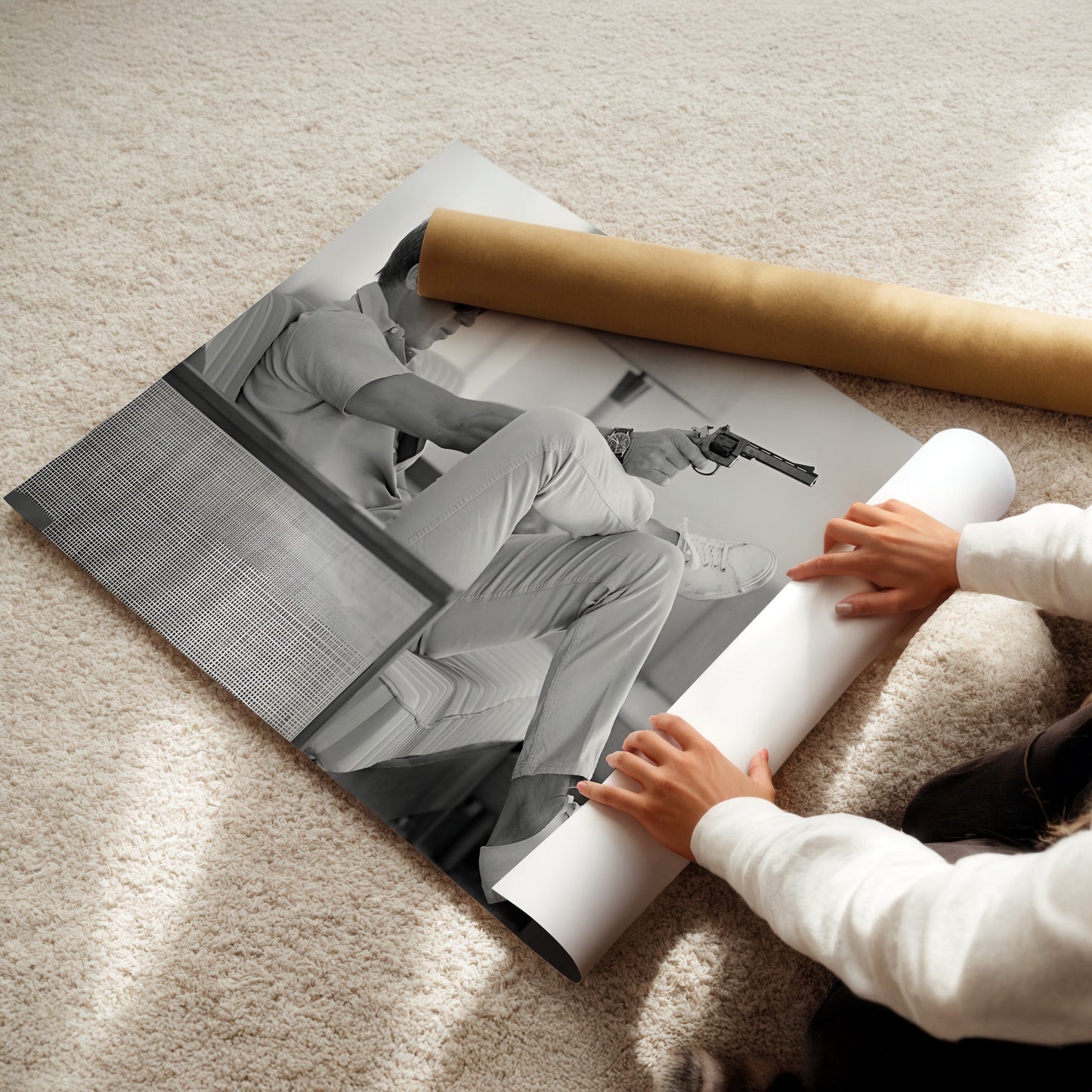 Steve McQueen Relaxing with Revolver Wall Art - Cool Vintage Black and White Photography Poster - Retro Man Cave Movie Star Decor