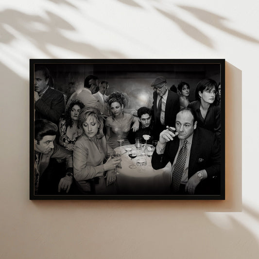 The Sopranos Cast Wall Art Print - Iconic TV Series Black and White Mafia Dinner Scene Poster - Perfect Decor for Lounge or Den