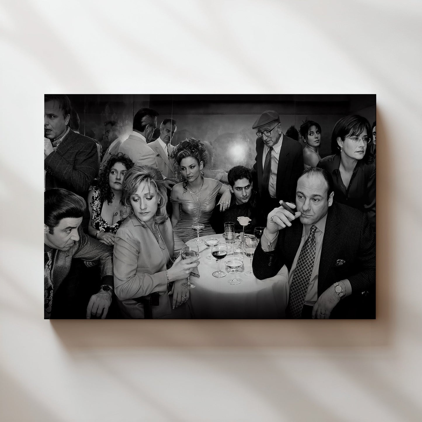 The Sopranos Cast Wall Art Print - Iconic TV Series Black and White Mafia Dinner Scene Poster - Perfect Decor for Lounge or Den
