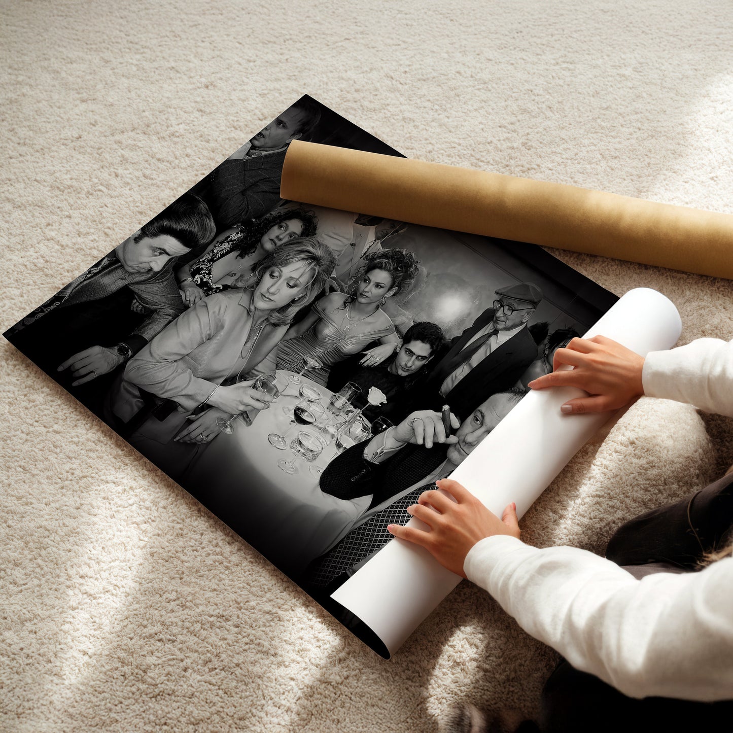 The Sopranos Cast Wall Art Print - Iconic TV Series Black and White Mafia Dinner Scene Poster - Perfect Decor for Lounge or Den