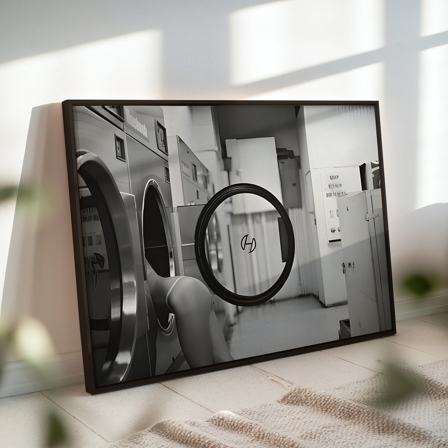 Sexy Girl in Laundromat Wall Art - Black and White Retro Pinup Style Photography Poster - Bold Edgy Decor for Bedroom or Studio