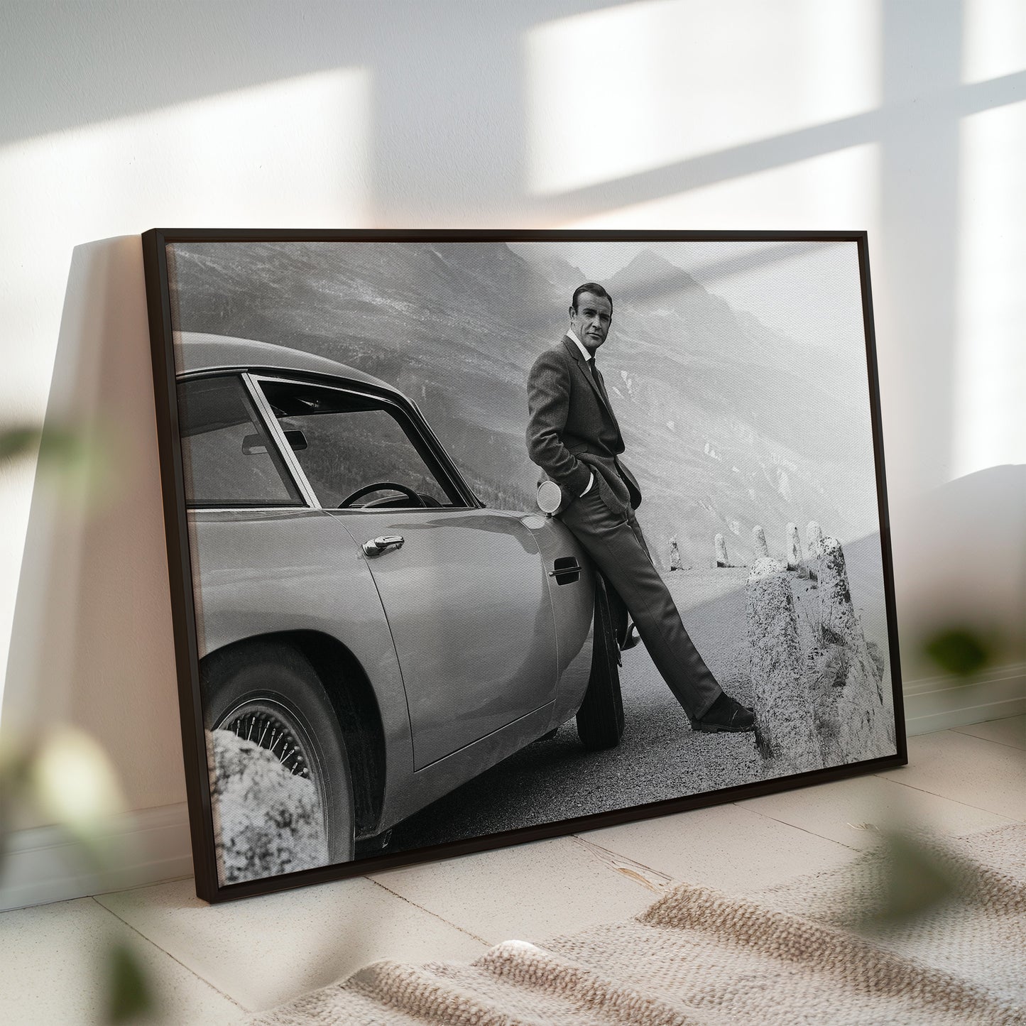 Sean Connery James Bond with Aston Martin DB5 Wall Art - Classic Spy Movie Vintage Photography Poster - Man Cave Icon Decor