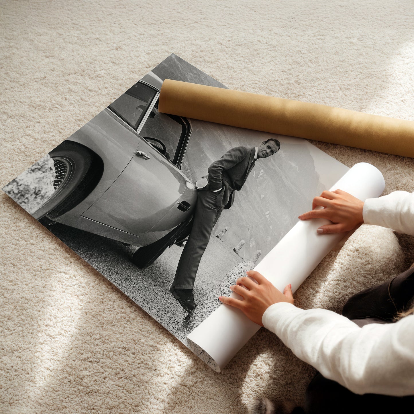 Sean Connery James Bond with Aston Martin DB5 Wall Art - Classic Spy Movie Vintage Photography Poster - Man Cave Icon Decor