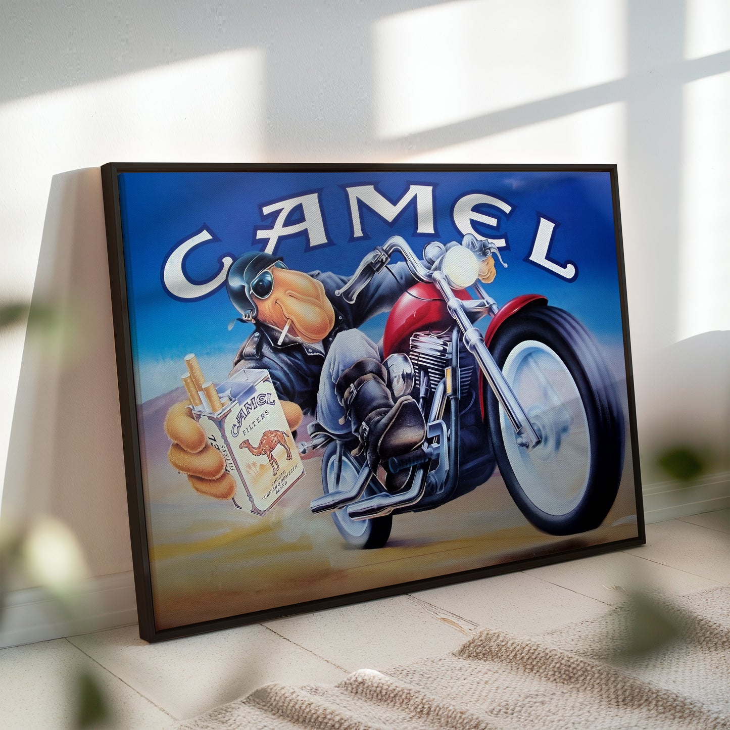 Joe Camel Motorcycle Poster – Retro Tobacco Advertising Art, Cool Biker Wall Decor, Vintage Camel Cigarettes Print, Man Cave Garage Art