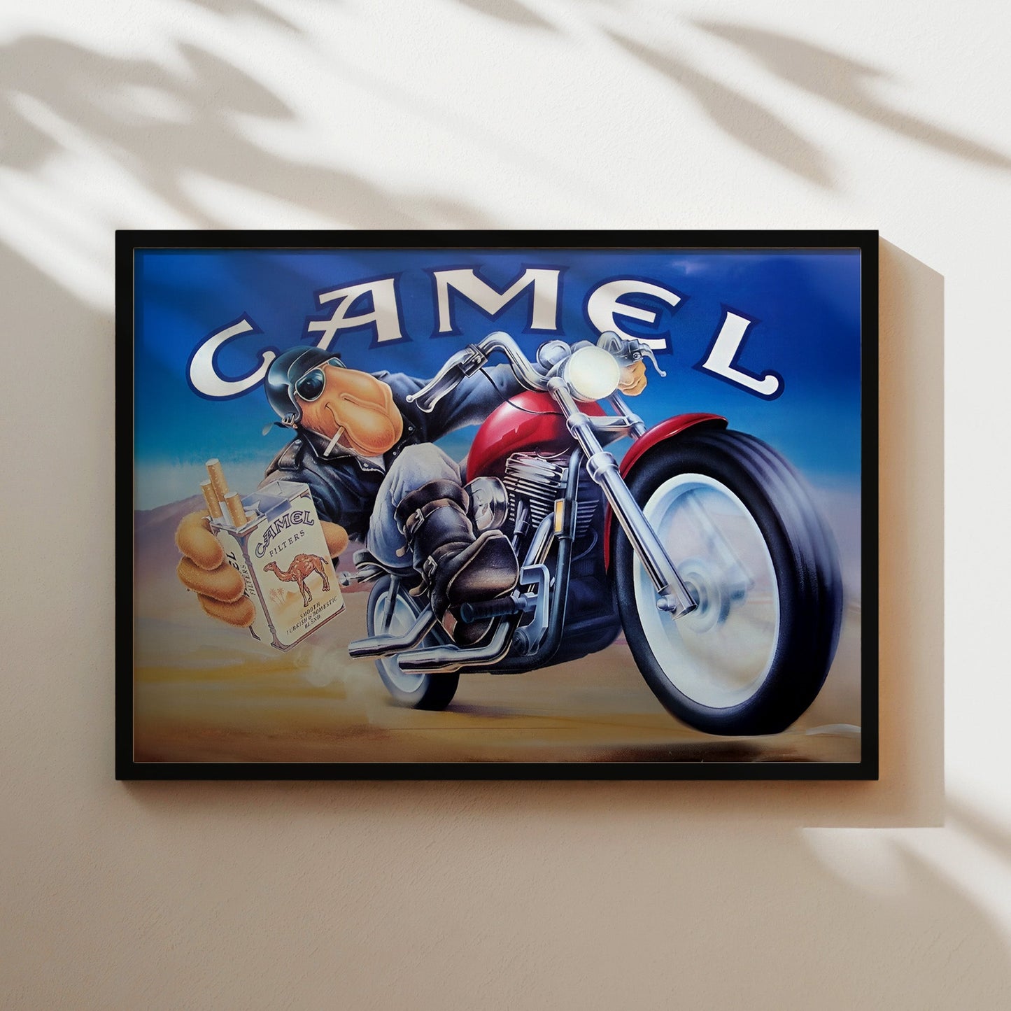 Joe Camel Motorcycle Poster – Retro Tobacco Advertising Art, Cool Biker Wall Decor, Vintage Camel Cigarettes Print, Man Cave Garage Art