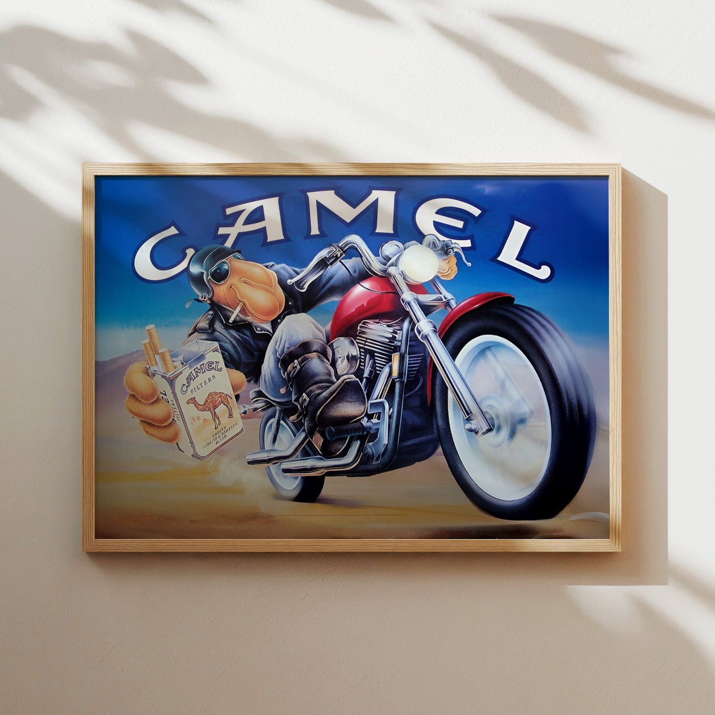 Joe Camel Motorcycle Poster – Retro Tobacco Advertising Art, Cool Biker Wall Decor, Vintage Camel Cigarettes Print, Man Cave Garage Art