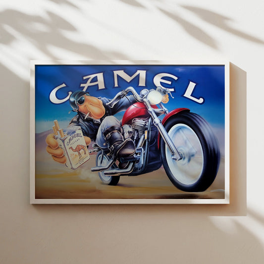 Joe Camel Motorcycle Poster – Retro Tobacco Advertising Art, Cool Biker Wall Decor, Vintage Camel Cigarettes Print, Man Cave Garage Art