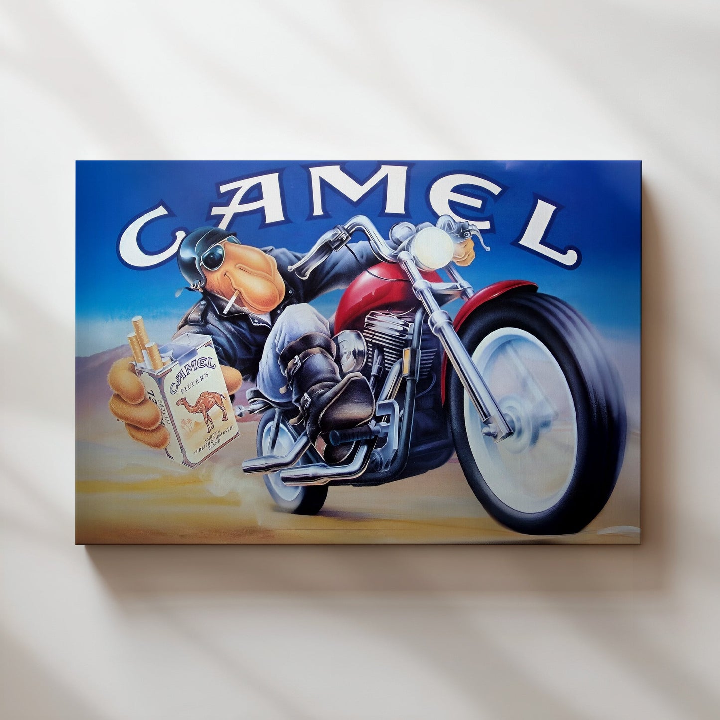 Joe Camel Motorcycle Poster – Retro Tobacco Advertising Art, Cool Biker Wall Decor, Vintage Camel Cigarettes Print, Man Cave Garage Art
