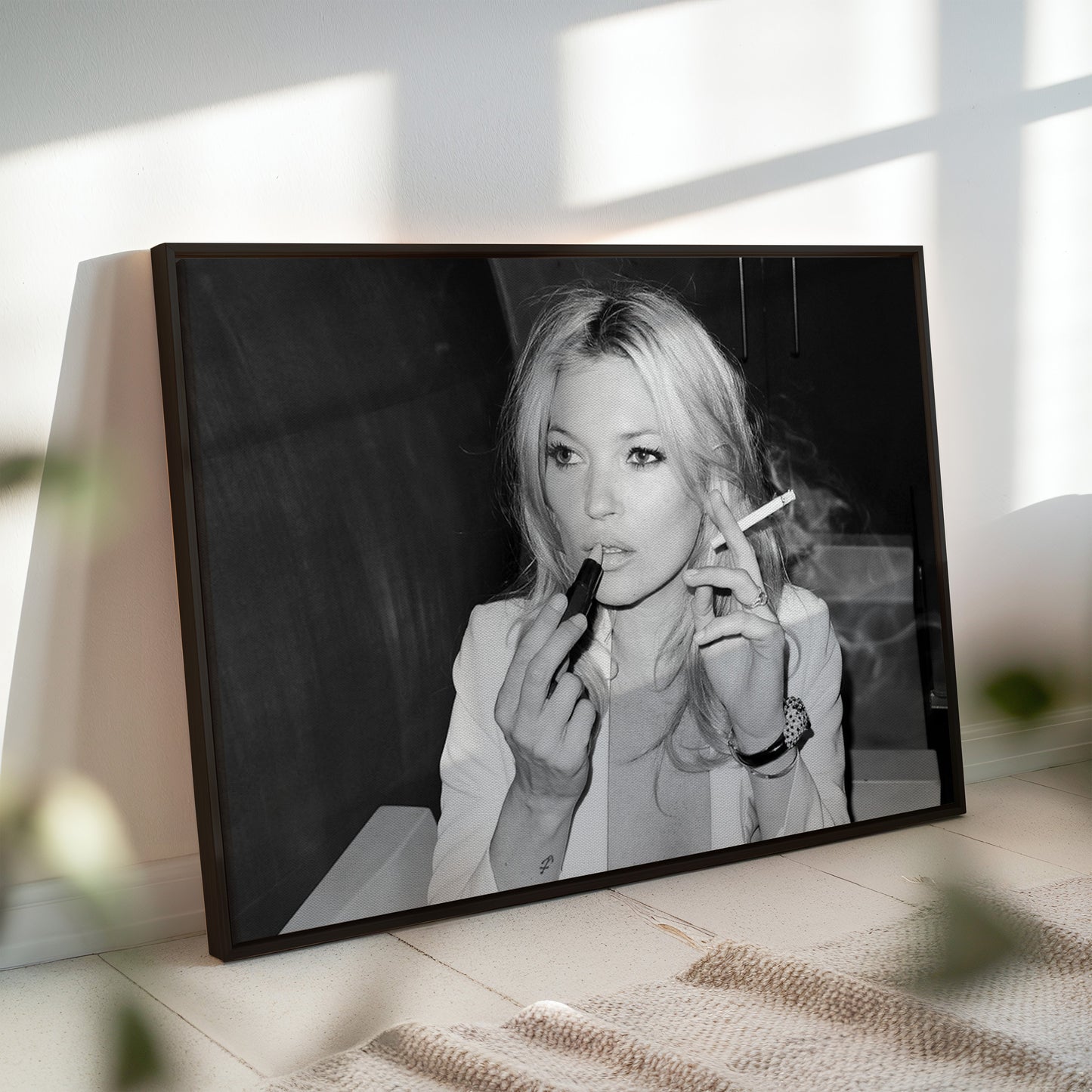 Kate Moss Smoking & Lipstick Glam Wall Art - 90s Supermodel Fashion Icon Black and White Poster - Bold Cool Girl Decor - Vogue Vibes