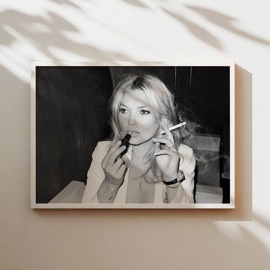 Kate Moss Smoking & Lipstick Glam Wall Art - 90s Supermodel Fashion Icon Black and White Poster - Bold Cool Girl Decor - Vogue Vibes