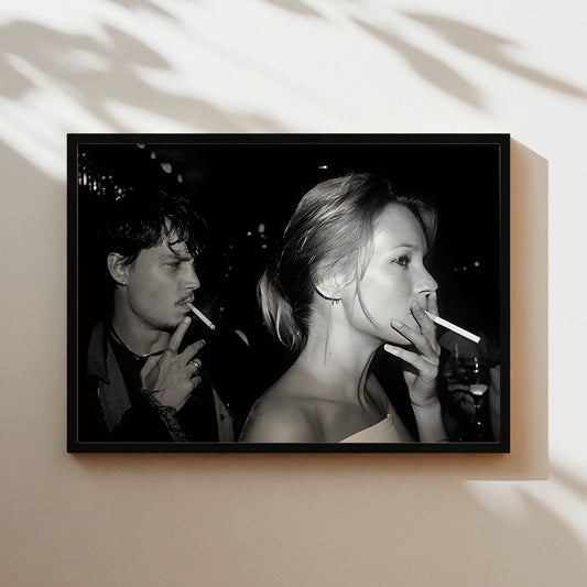 Johnny Depp and Kate Moss Smoking Wall Art - Edgy 90s Celebrity Romance Photo - Iconic Cool Couple Print - Vintage Rock Chic Home Decor