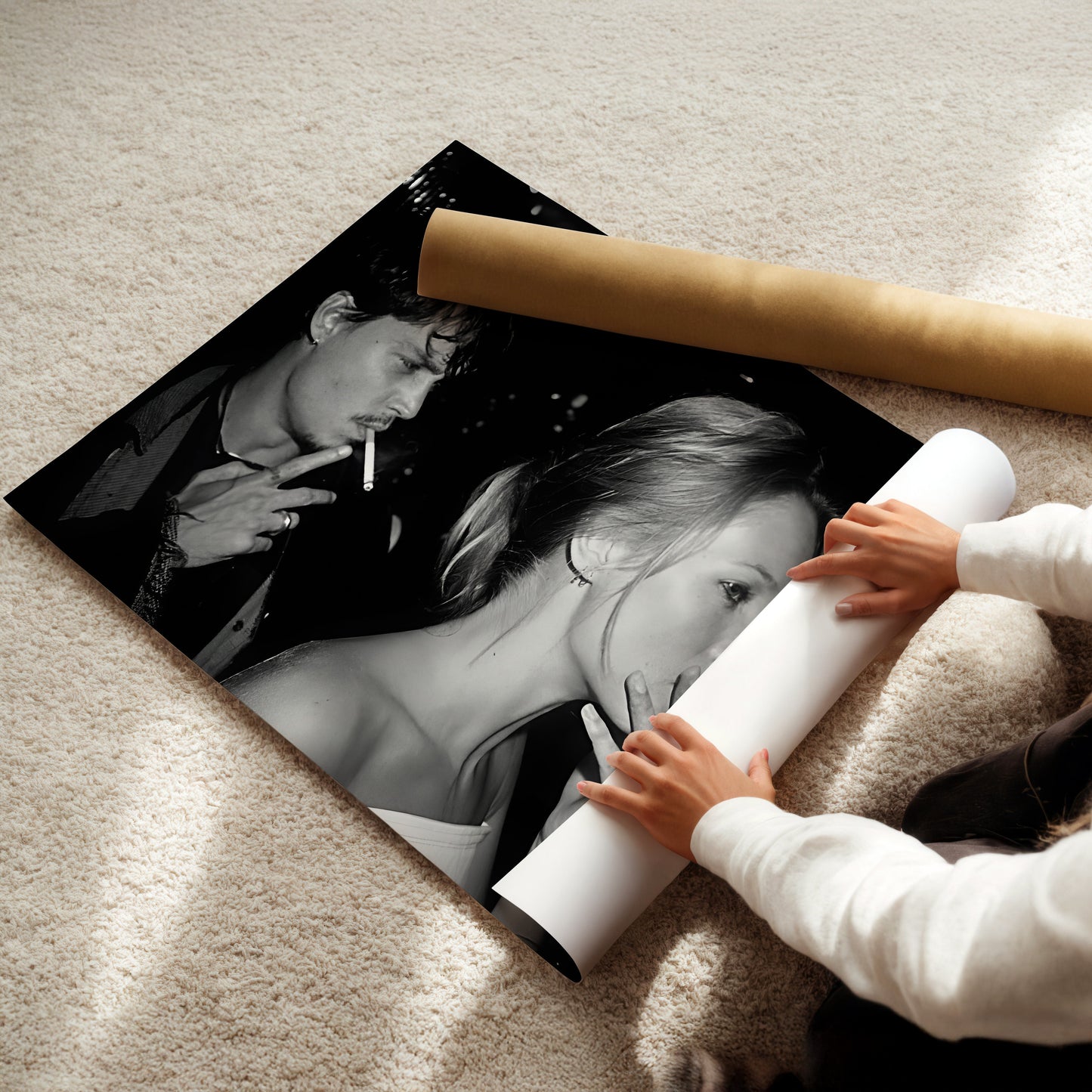 Johnny Depp and Kate Moss Smoking Wall Art - Edgy 90s Celebrity Romance Photo - Iconic Cool Couple Print - Vintage Rock Chic Home Decor