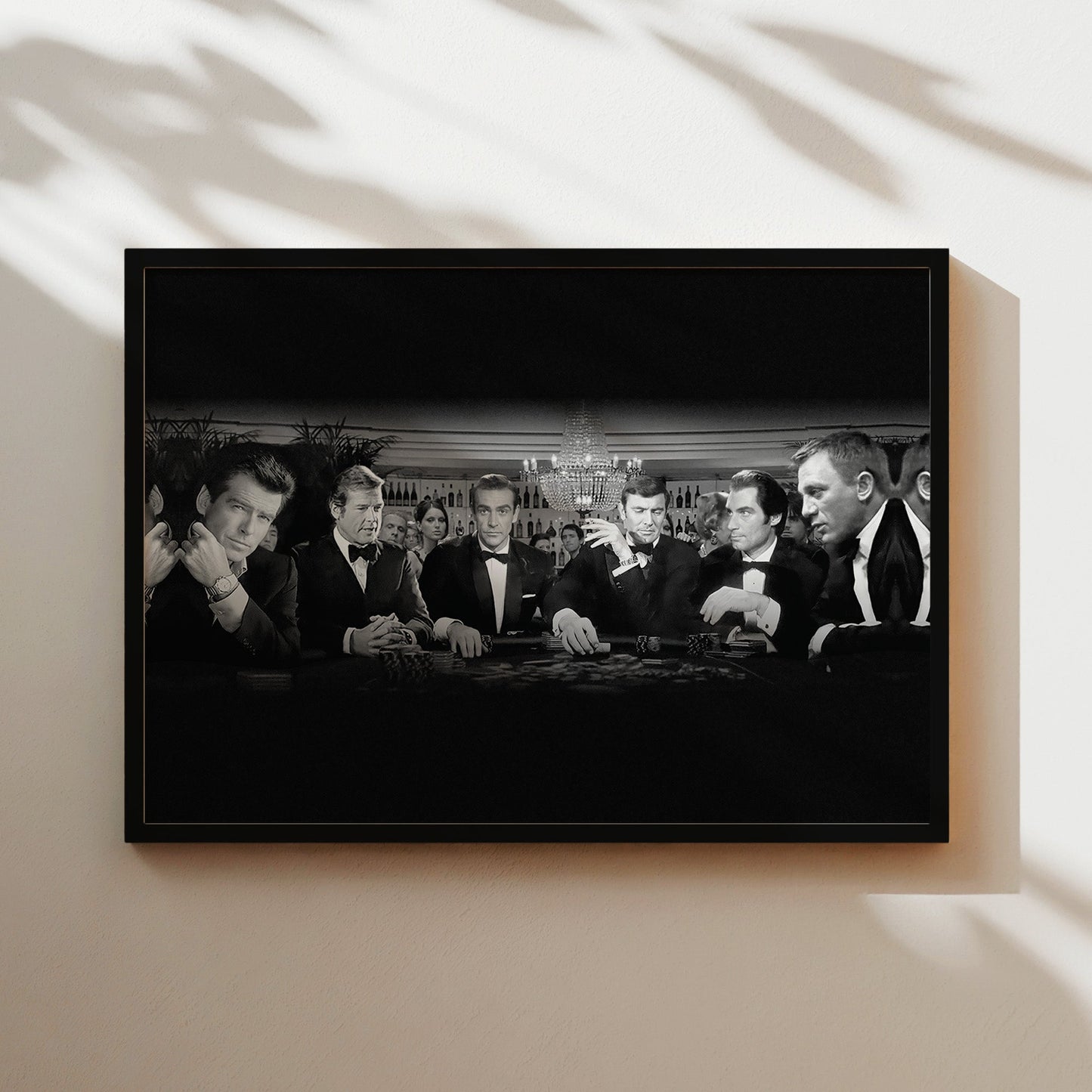 All James Bond Actors Poker Night Wall Art - 007 Legends at the Casino Black and White Poster - Ultimate Spy Movie Decor - Man Cave Print