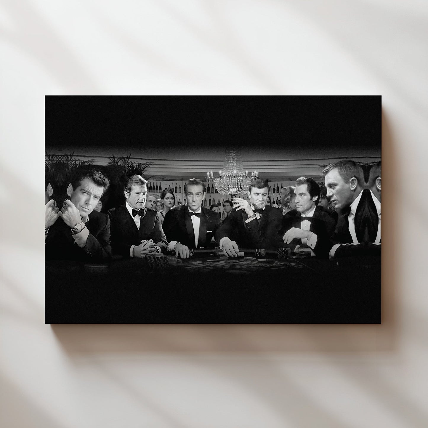 All James Bond Actors Poker Night Wall Art - 007 Legends at the Casino Black and White Poster - Ultimate Spy Movie Decor - Man Cave Print