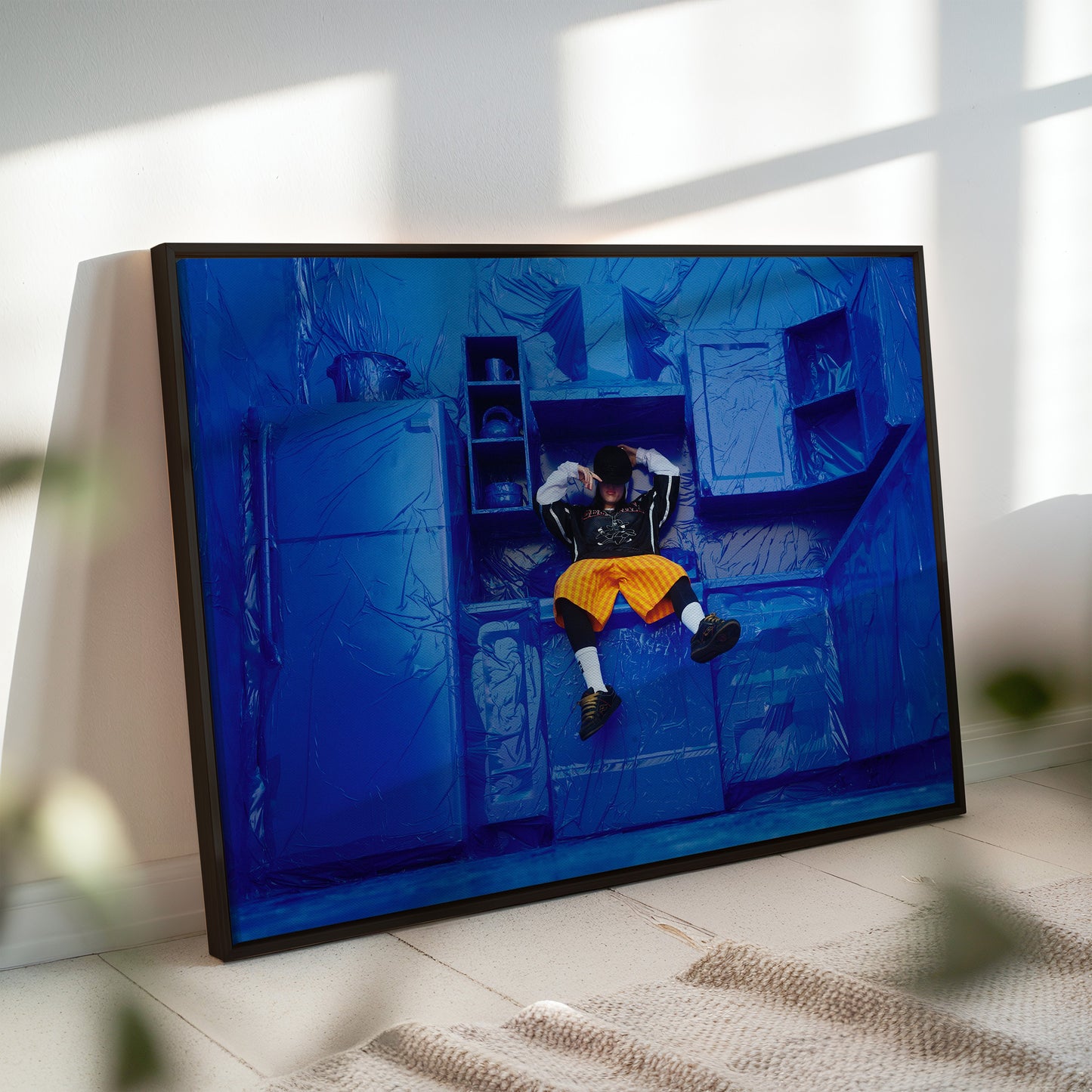 Billie Eilish Wrapped in Blue Plastic Wall Art - Hit Me Hard and Soft Tour Poster - Surreal Urban Avant-Garde Decor for Music and Art Fans