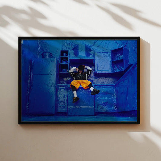Billie Eilish Wrapped in Blue Plastic Wall Art - Hit Me Hard and Soft Tour Poster - Surreal Urban Avant-Garde Decor for Music and Art Fans