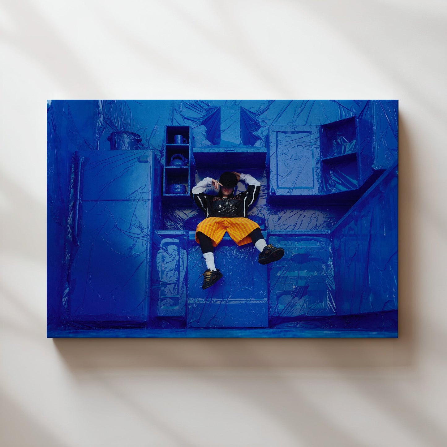Billie Eilish Wrapped in Blue Plastic Wall Art - Hit Me Hard and Soft Tour Poster - Surreal Urban Avant-Garde Decor for Music and Art Fans