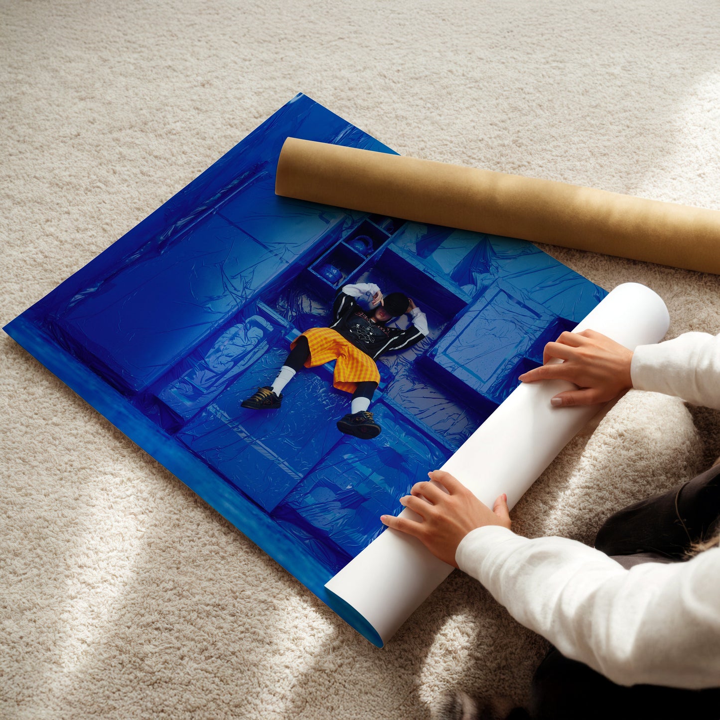 Billie Eilish Wrapped in Blue Plastic Wall Art - Hit Me Hard and Soft Tour Poster - Surreal Urban Avant-Garde Decor for Music and Art Fans