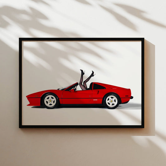 Woman's Legs in Red Ferrari Wall Art - Playful Vintage Glamour Car Poster - Bold Fun Decor for Auto Lovers, Pop Art Fans, Retro Spaces