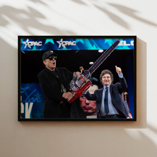 Elon Musk with Chainsaw at CPAC Wall Art - Bold Political Pop Culture Poster - Wild Rebellious Energy Decor for Home or Office Spaces