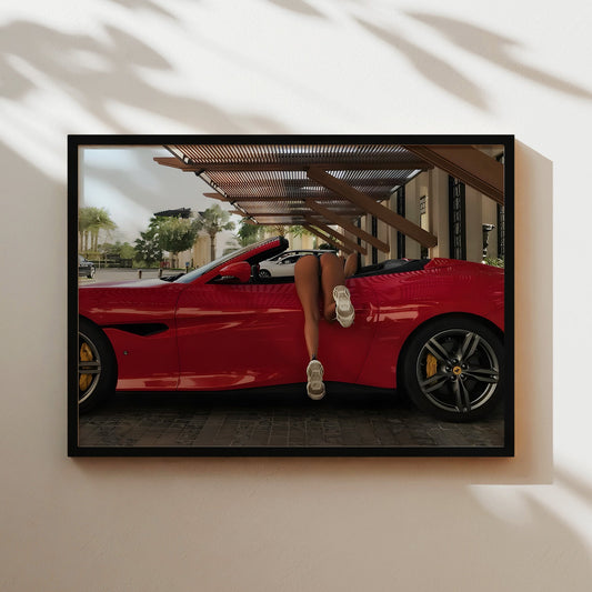 Woman Diving into Red Convertible Wall Art - Bold Playful Pop Art Poster - Fun Luxury Car Decor for Auto Enthusiasts and Modern Interiors
