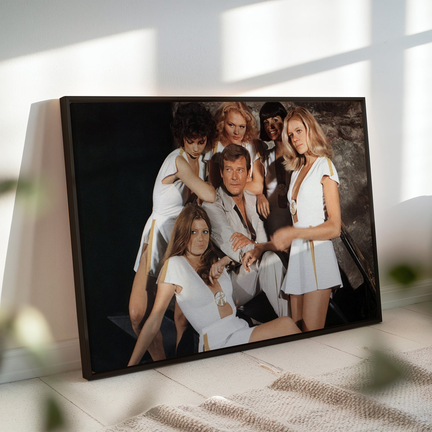 Roger Moore James Bond with Bond Girls Wall Art - Vintage 70s Spy Movie Poster - Glamorous Retro Cinema Decor for Film Buffs and Collectors