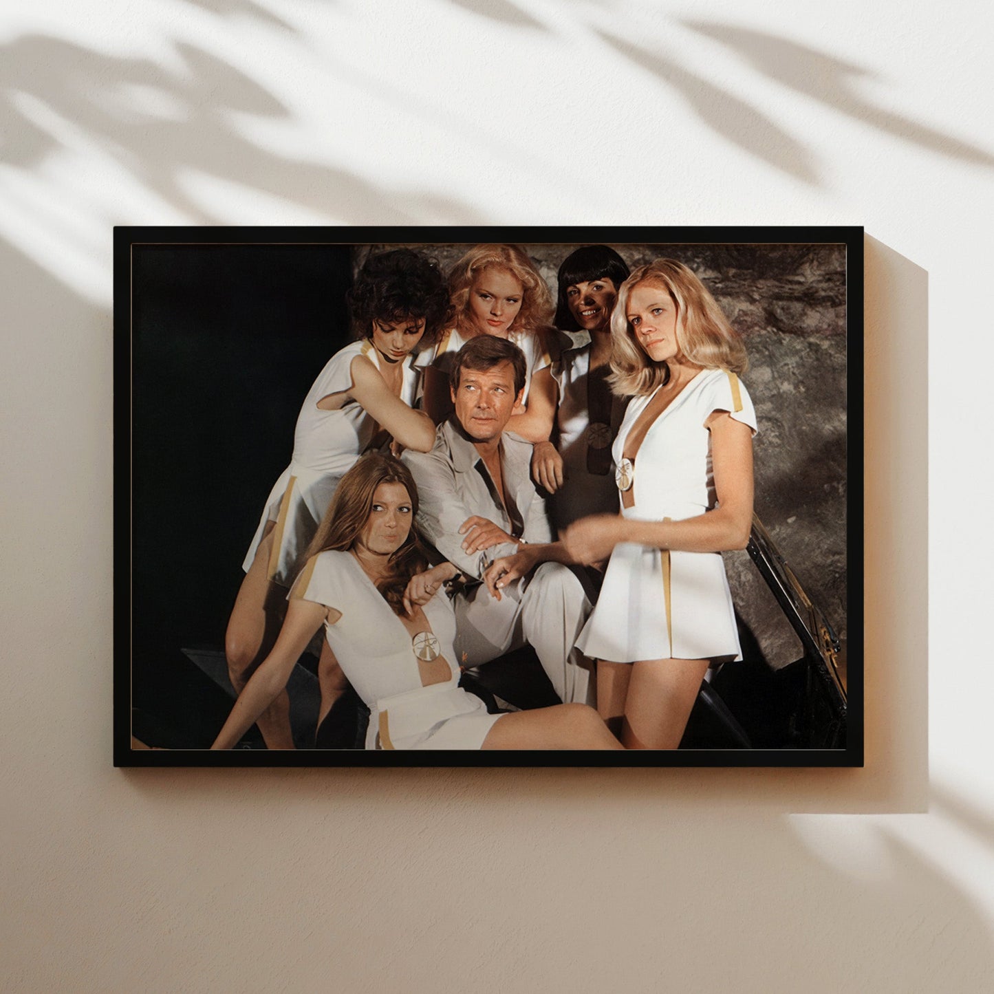 Roger Moore James Bond with Bond Girls Wall Art - Vintage 70s Spy Movie Poster - Glamorous Retro Cinema Decor for Film Buffs and Collectors