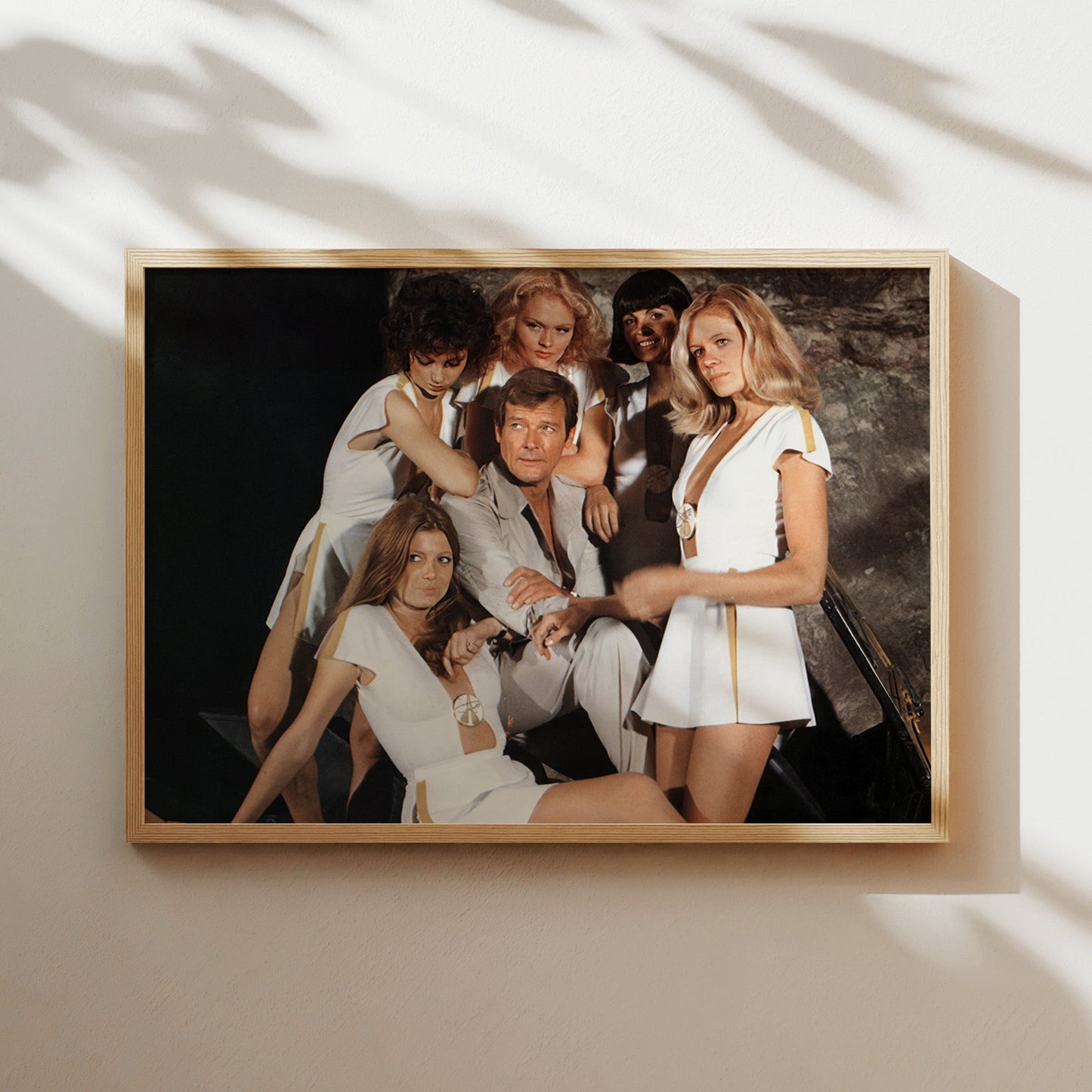 Roger Moore James Bond with Bond Girls Wall Art - Vintage 70s Spy Movie Poster - Glamorous Retro Cinema Decor for Film Buffs and Collectors